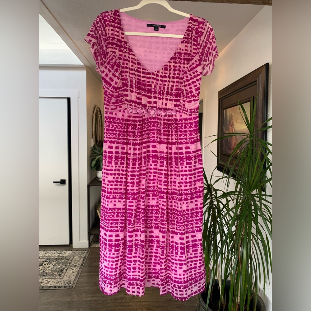 Chadwick’s Tucked V Neck Empire Dress Short Sleeve MIDI Purple Print Women’s‎ S